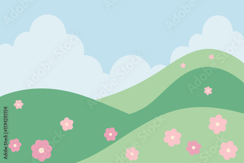 pastel hillside bloom with soft light and scattered flowers vector