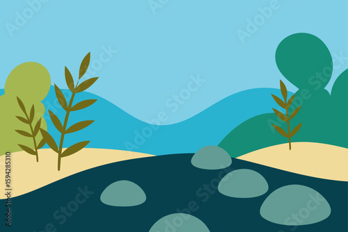 riverbank with pebbles and wild branches