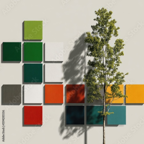 Colorful square acoustic panels arranged asymmetrically on a wall, beside a slender tree casting a shadow