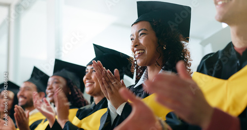 Obraz na plátně University, applause and students with celebration, graduation and smile with achievement
