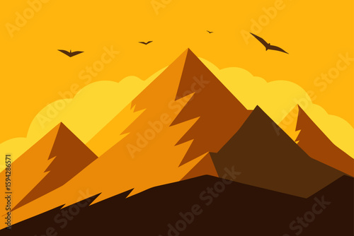 windy mountain ridge with flying birds in golden light
