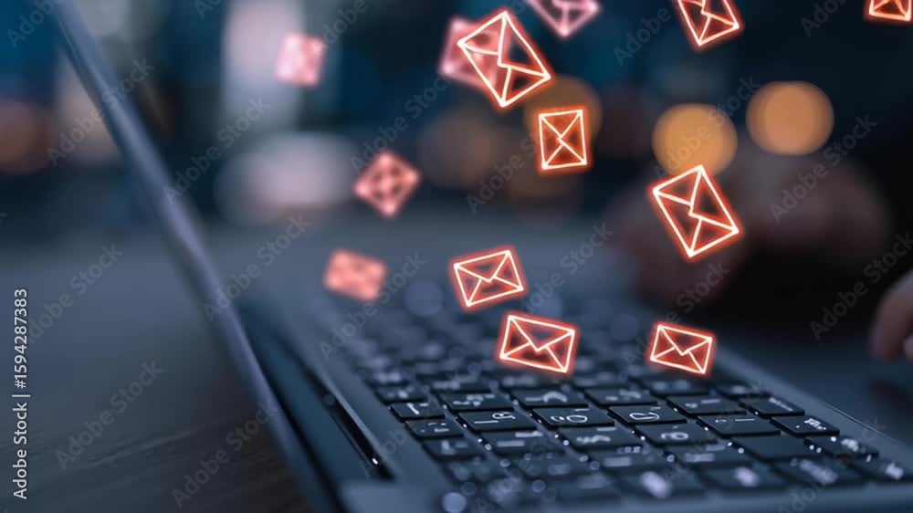Email warning icons popping up on computer screen representing inbox overload and phishing alert. Email spam alert and cybersecurity concept digital communication spam risk or email marketing