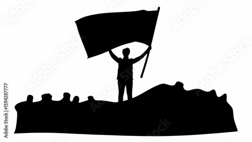 Silhouette of person holding flag on a hill with other people in the background in black and white style editable eps vectors