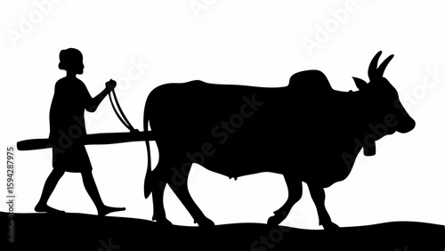 Silhouette of a farmer plowing a field with an ox drawn plow in a rural agricultural setting shown editable eps vectors