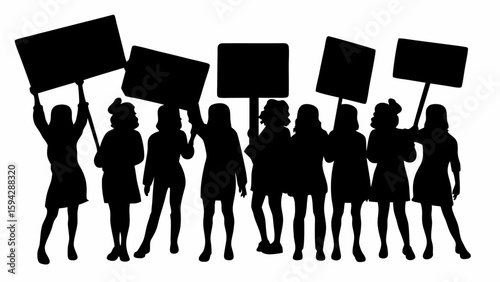Silhouette of a group of women holding signs in a protest or demonstration standing together in solidarity editable eps vectors