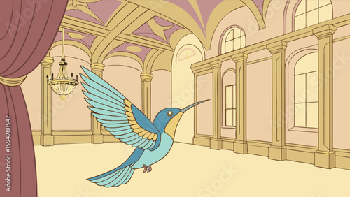 Hummingbird flying in a ballroom illustration vector art design and drawing for creative projects