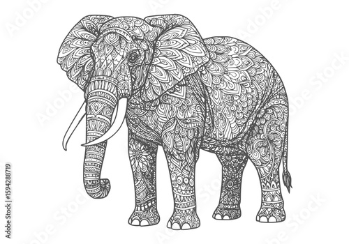 An elaborate stylized elephant graphic in detailed line art, ideal for coloring books, exotic prints, and themed design projects.