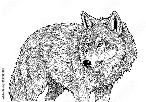 Detailed wolf artwork presents an intricate pattern, suitable for creative projects, apparel design, and offering a unique wild animal outline.