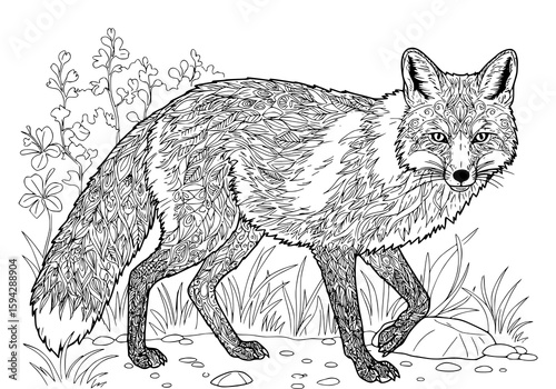 Detailed drawing of a fox with floral and leaf pattern, suitable for coloring pages or creative design projects requiring delicate art.