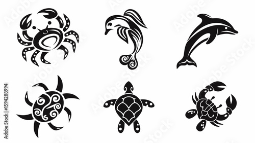 Stylized sea creatures including crabs dolphins and turtles in black and white tattoo style illustration editable eps vectors silhouette