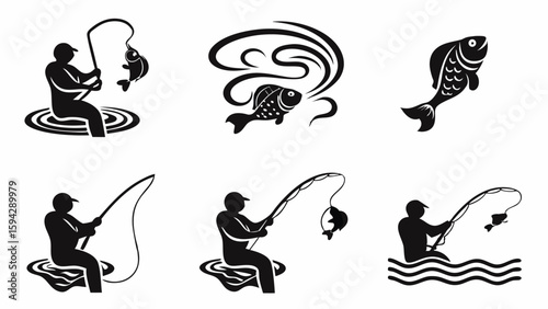 Illustrations depicting fishermen catching fish in various water scenes in black and white style design editable eps vectors silhouette