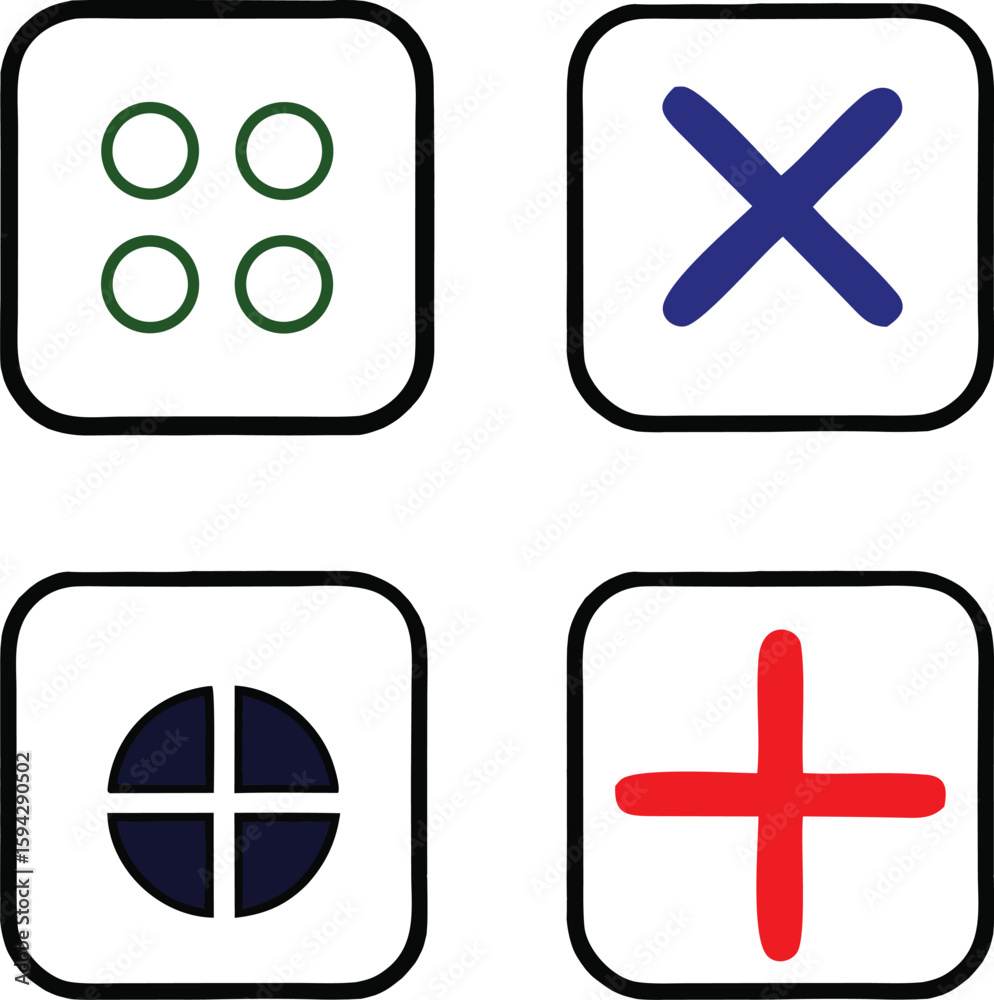 Obraz premium Four square icons with different symbols: four circles, an X, a divided circle, and a plus sign.