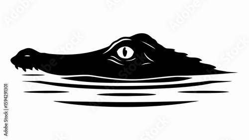 An alligator head with a visible eye is partially submerged in the water surface in black and white
