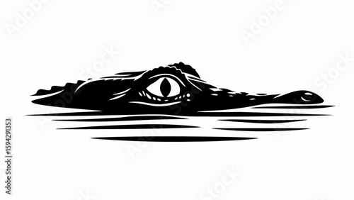 Alligator head emerging from water with visible eye in black and white vector illustration
