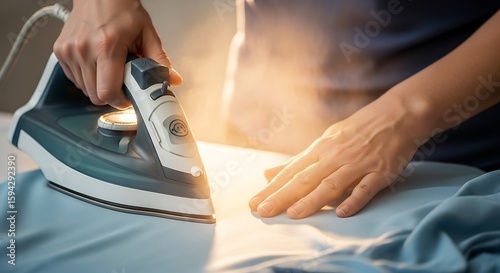 Hands ironing blue garment with modern iron for perfect pressing result