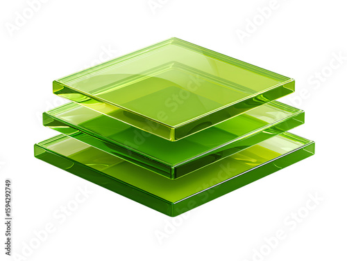 3D-style green spreadsheet icon with layered grid panels slightly tilted at an angle, featuring subtle shadows, glossy surfaces, and depth