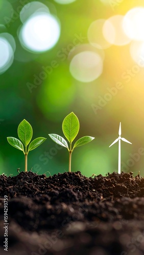 Young plants growing in soil with a windmill