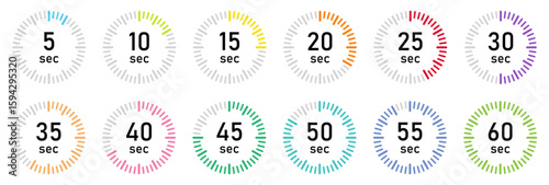 Set of colorful circular countdown timer icons displaying time intervals from 5 to 60 seconds. Ideal for presentations, infographics, fitness apps and time management. Isolated vector illustration.