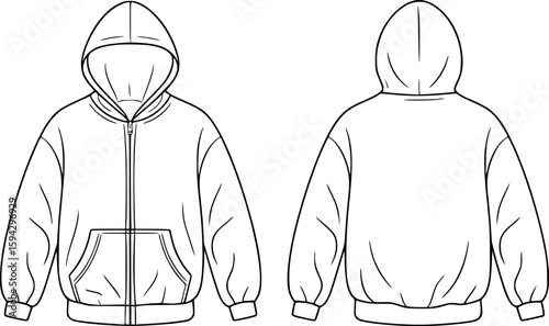 Front and back view of a zipped hooded sweatshirt with pockets hoodie clothing