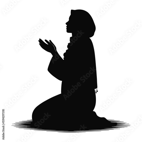 Silhouette of a woman kneeling with hands raised in prayer or supplication praying