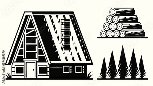 Illustration of a frame house with logs and fir trees in black and white minimalist style vector design | editable eps vectors silhouette