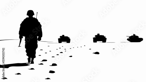 Silhouette of a soldier walking in a desert landscape with tanks in the distance in black and white