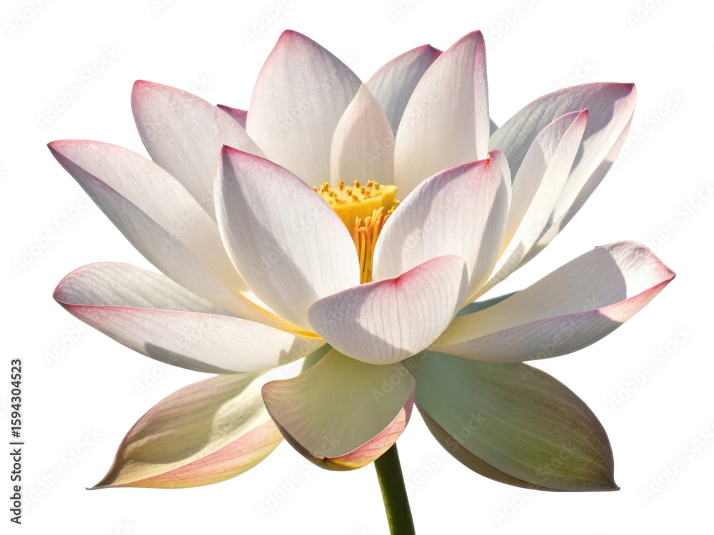 Fototapeta premium Beautiful lotus flower blooms gracefully with delicate petals showcasing soft pink edges and vibrant yellow center, symbolizing purity
