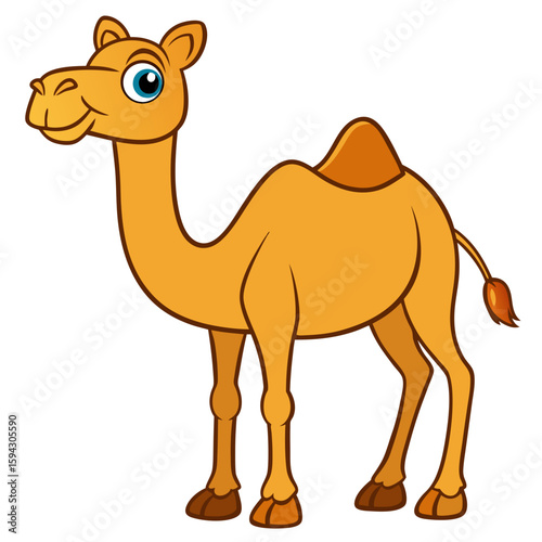 Arabian camel, desert domestic bedoin animal decorated with textile saddle. Arabic mammal profile, standing with traditional fabric decor on hump. Flat vector illustration isolated on white background