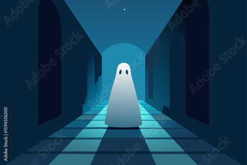 a glowing ghost in a creepy hallway vector illustration