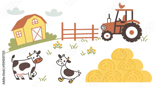 Cartoon farm scene with cows, tractor, barn, hay bales, and chicken for kids learning and educational resources