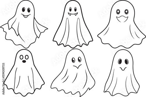 Set of Cute ghost outline vector illustration line art