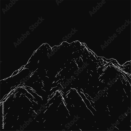 A black and white mountain contour stands out sharply against a dark background, showcasing intricate peaks and valleys. The detailed linework emphasizes the rugged terrain.