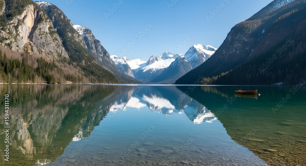 Naklejka premium Lake Landscape with Mountains and Boat Under Clear Sky