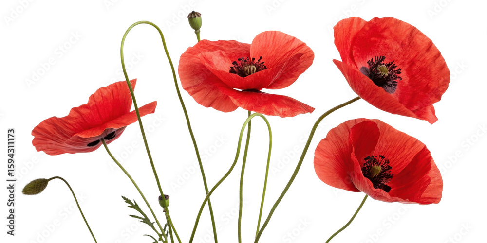 Obraz premium Vibrant poppy flowers bloom gracefully, showcasing their stunning red petals and delicate green stems, creating captivating natural display