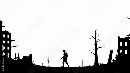Silhouette of a soldier walking through a war torn landscape with destroyed buildings and barren trees