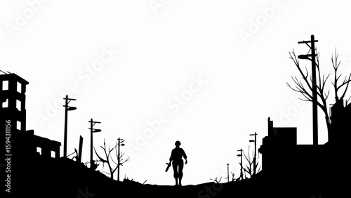 Silhouette of a soldier walking through a desolate landscape with destroyed buildings and power lines
