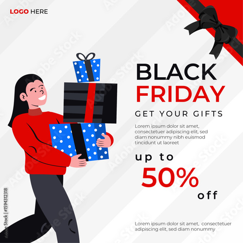 Black Friday Promotional Poster with Gift Boxes and Red Accents