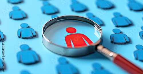 Magnifying glass focuses on a single red person icon amidst many blue ones
