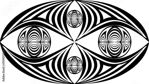 Abstract black and white optical illusion with elliptical shape and circular patterns and curved lines