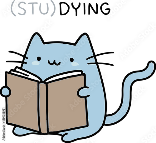 (STU)DYING Cat Illustration – Cute Blue Cartoon Reading Book for Student Stress & Study Humor Graphics