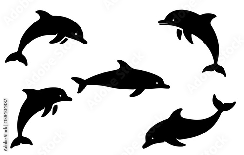 Dolphin Silhouette Icons Set. Ocean Animal Illustrations Vector Logo in Clean Black Outline for Ocean-Themed Branding, Educational Infographics, and Nature-Inspired Graphic Design Projects