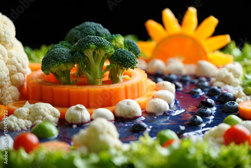 Colorful vegetable landscape with broccoli, carrots, and berries near a bright orange sunrise Generative AI