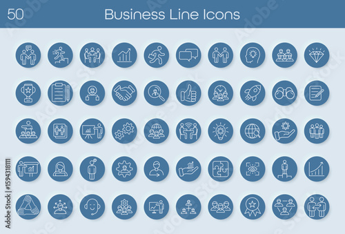 Set of 50 business line icons in blue circle style. Includes teamwork, communication, success, strategy, innovation, and career growth. Perfect for web, apps, presentations, and business design.