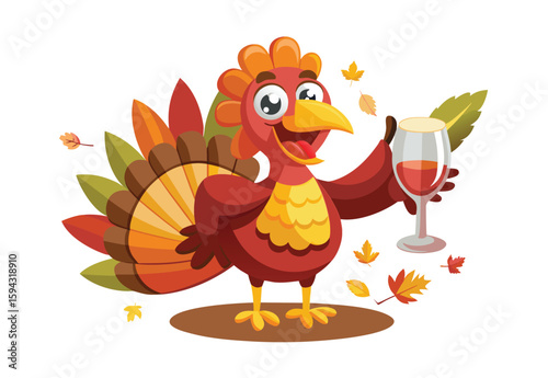 cartoon turkey holding glass of wine thanksgiving festive vector illustration