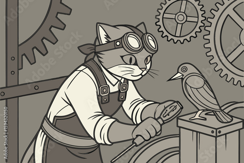 Steampunk Cat Inventor Workshop Vector Illustration