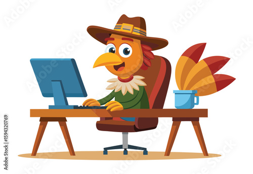 Thanksgiving turkey wearing pilgrim hat using laptop sitting at desk colorful cartoon vector