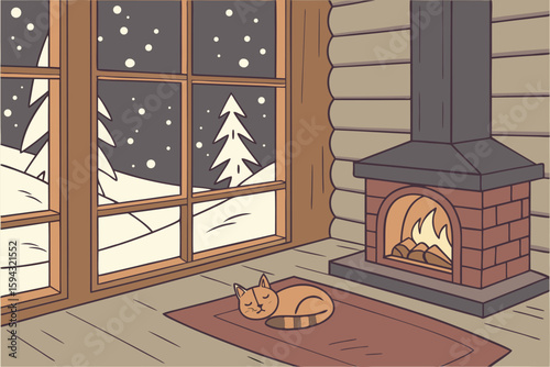 Cat in a Cozy Winter Cabin with a Fireplace