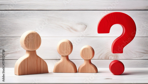 Three Wooden Figures with Big Red Question Mark on White Wooden Background Representing Uncertainty