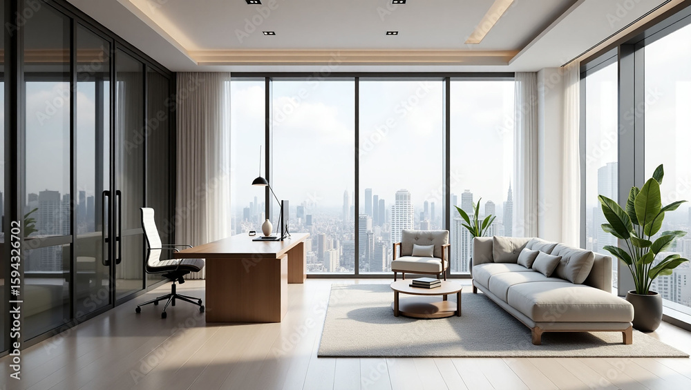 Fototapeta premium Modern executive office interior with minimalist design and lounge area featuring large windows and city skyline view. Concept of workspace comfort. 3D Rendering