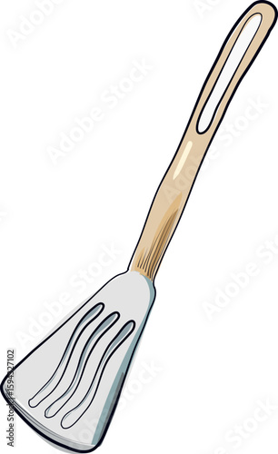 Metal and wood slotted kitchen spatula vector